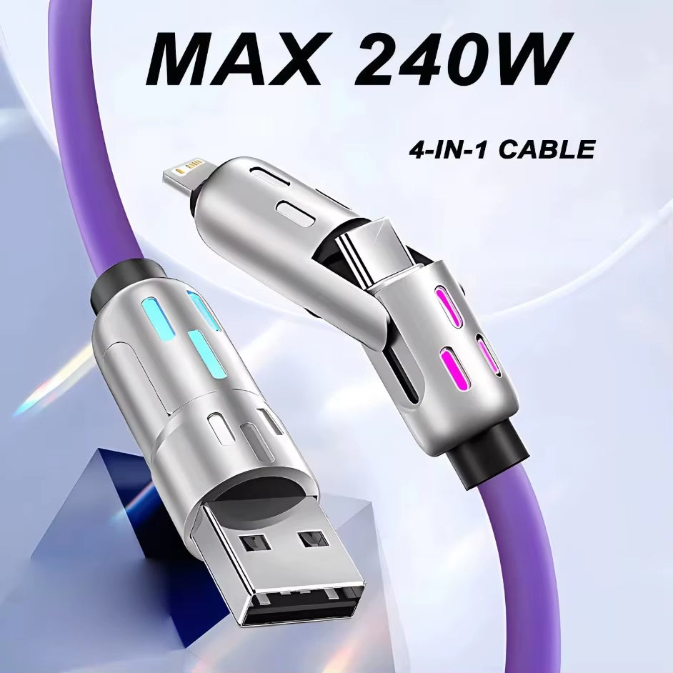 4 in 1 Multi Connectors Charger Rotating Elbow USB to Type-C Mobile Phone 240W Fast Charging Silicone Cable Data Transfer