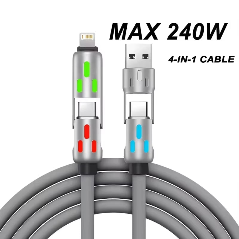 4 in 1 Multi Connectors Charger Rotating Elbow USB to Type-C Mobile Phone 240W Fast Charging Silicone Cable Data Transfer