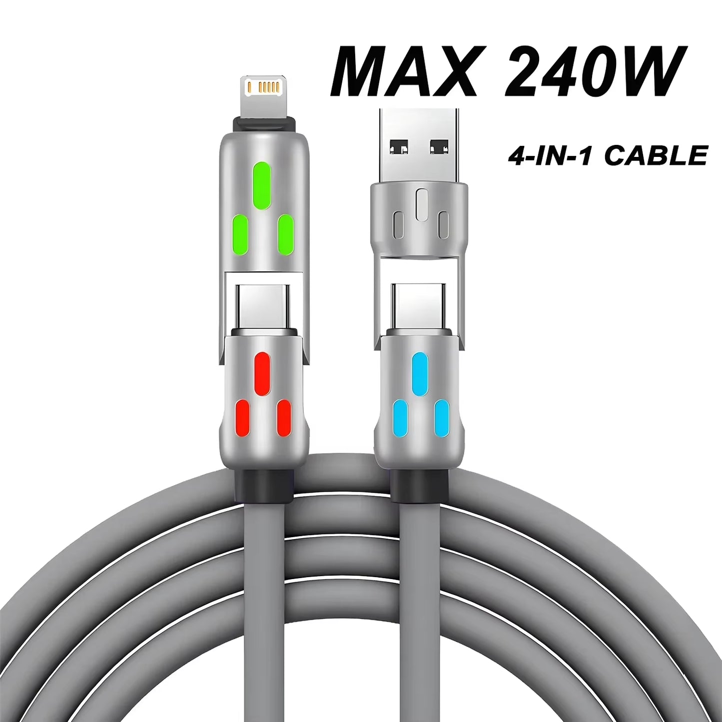 4 in 1 Multi Connectors Charger Rotating Elbow USB to Type-C Mobile Phone 240W Fast Charging Silicone Cable Data Transfer
