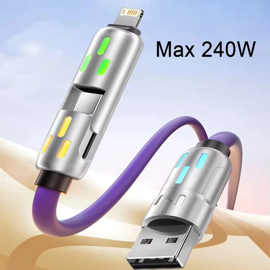 4 in 1 Multi Connectors Charger Rotating Elbow USB to Type-C Mobile Phone 240W Fast Charging Silicone Cable Data Transfer