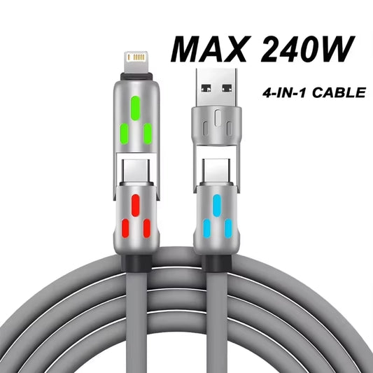 4 in 1 Multi Connectors Charger Rotating Elbow USB to Type-C Mobile Phone 240W Fast Charging Silicone Cable Data Transfer