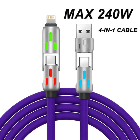 4 in 1 Multi Connectors Charger Rotating Elbow USB to Type-C Mobile Phone 240W Fast Charging Silicone Cable Data Transfer